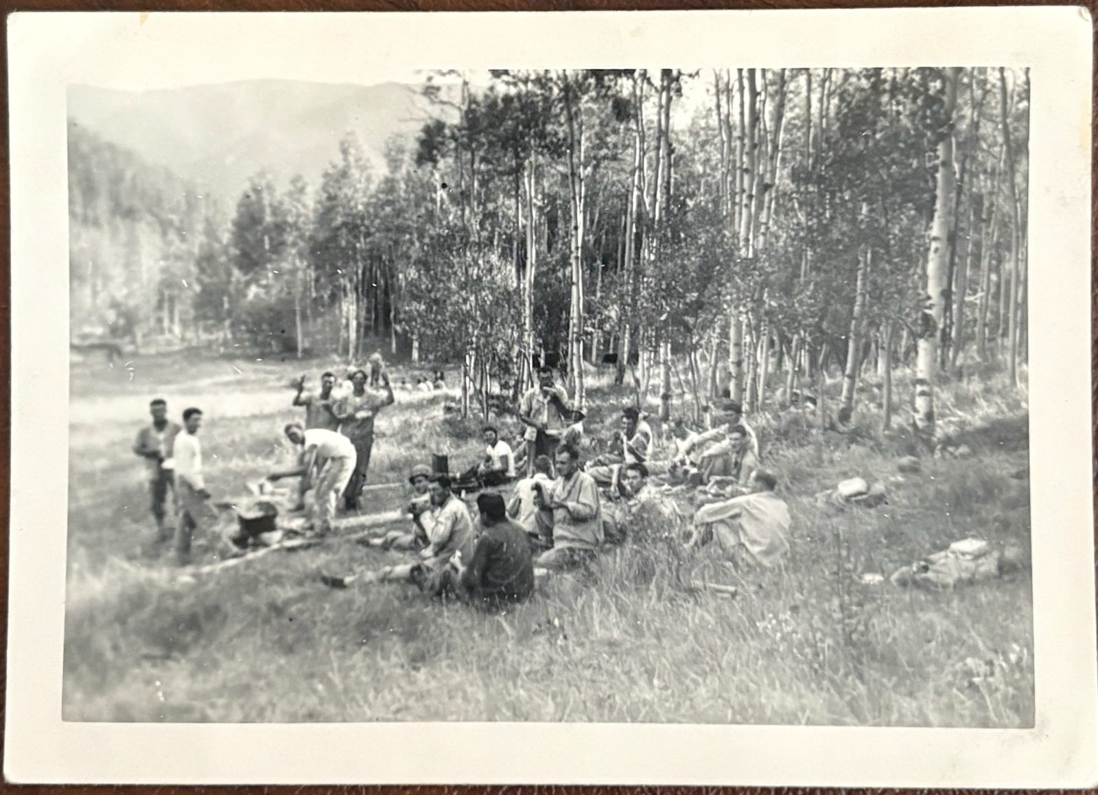 Soldiers resting in a mountain meadow of aspens, a peak behind — a field exercise in the Rockies.